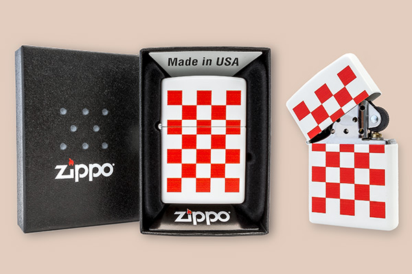 Zippo lighter with red and white squares